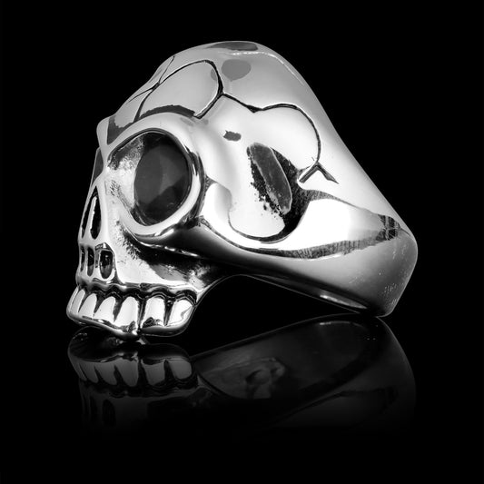 Stainless Steel Blue CZ Eyed Cracked Skull Ring