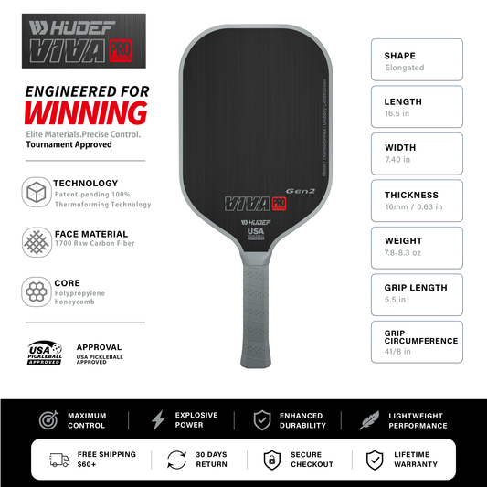 Hudef Viva Pro™ Gen2 Elongated Pickleball Paddle (Carbon Fiber)
