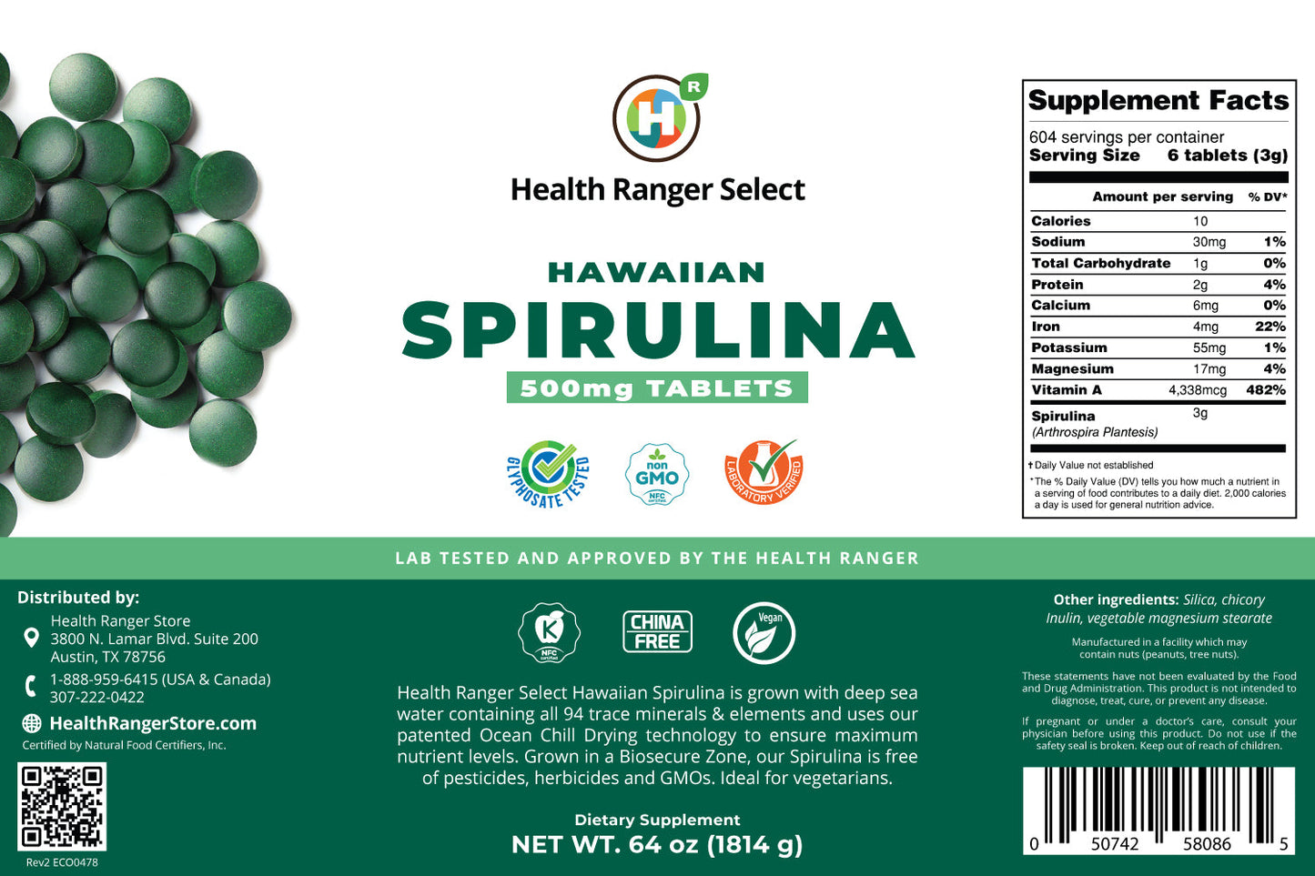 Hawaiian Spirulina Cold Pressed 500mg Tablets (64oz, 1814g), approximately 3628 tablets (#10 Can)