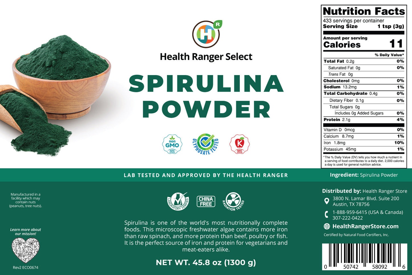 Health Ranger Select Spirulina Powder 1300g, #10 can