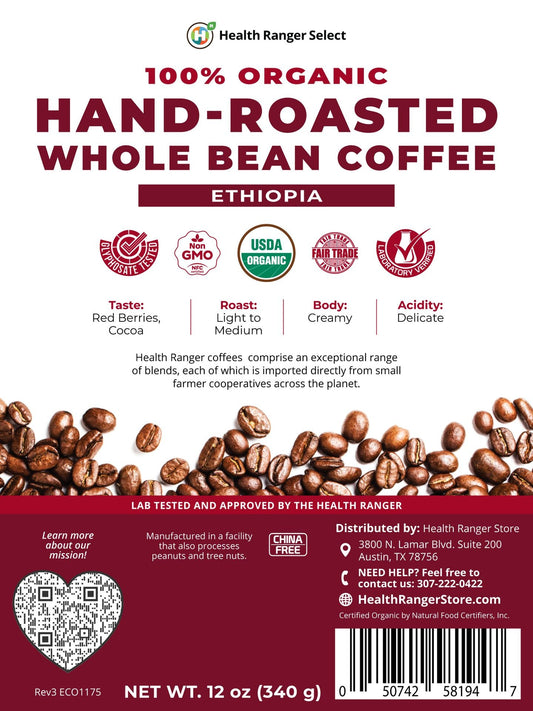 100% Organic Hand-Roasted Whole Bean Coffee (Ethiopia) 12oz, 340g