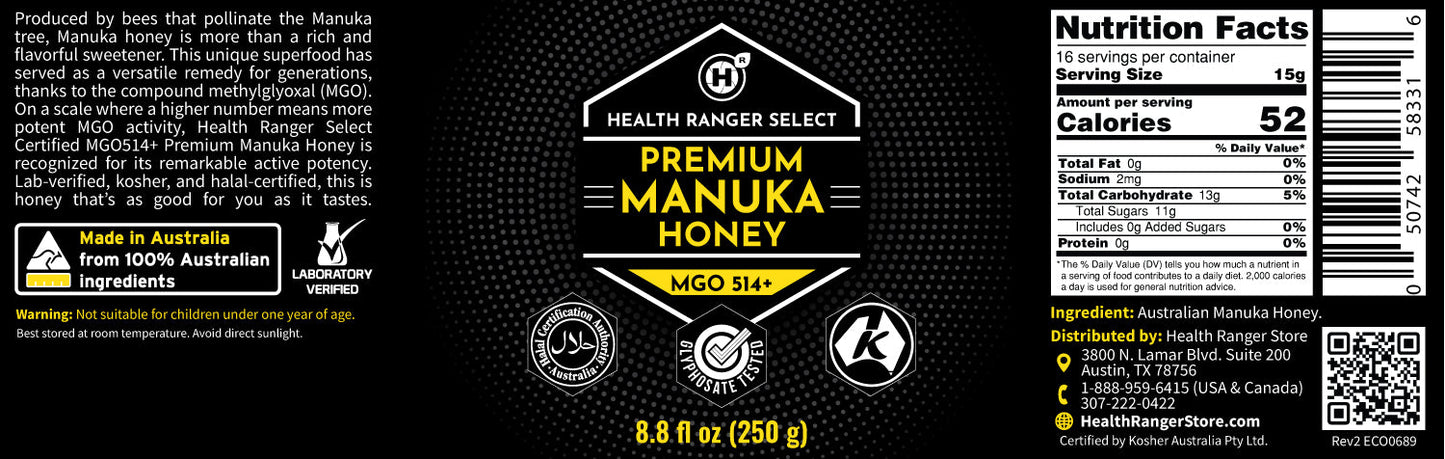 Premium Manuka Honey MGO 514+ (15+ NPA) 8.8 fl oz (250g)
