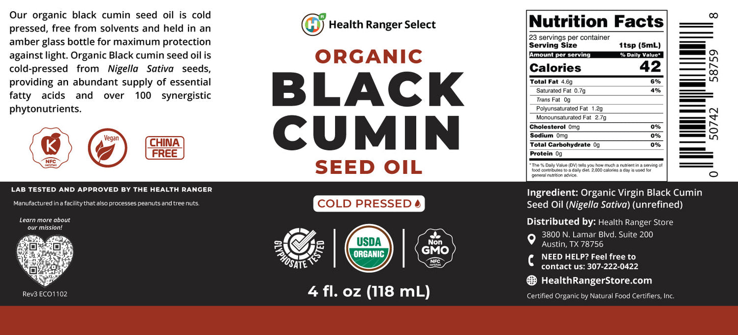 Organic Black Cumin Seed Oil 4oz (118 ml)