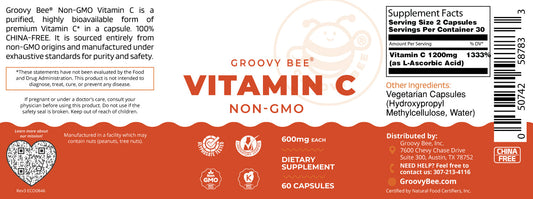 Non-GMO Vitamin C 60 caps (600mg each)