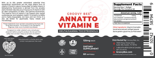 Annatto Vitamin E Delta/Gamma Tocotrienols 125mg 60 Softgels