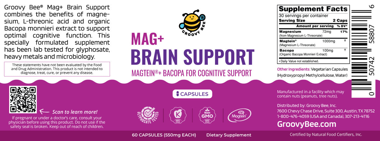 Mag+ Brain Boost Nootropic (Magtein + Bacopa for Cognitive Performance) 60 Capsules (550mg Each)