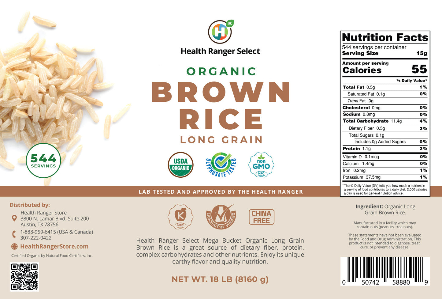 Mega Bucket Organic Long Grain Brown Rice 18LB (8160g)