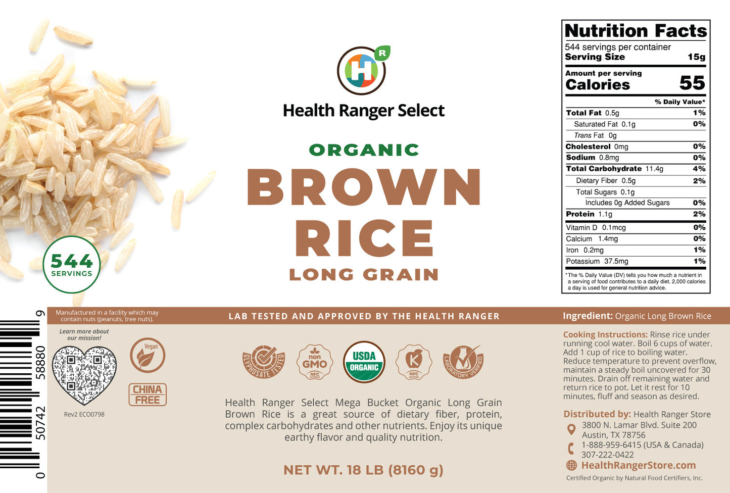 Mega Bucket Organic Long Grain Brown Rice 18LB (8160g)