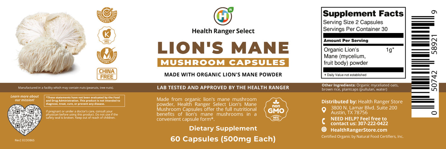 Lion's Mane Mushroom Capsules 60 Caps (500mg Each) (Made with Organic Lion's Mane Mushroom Powder)
