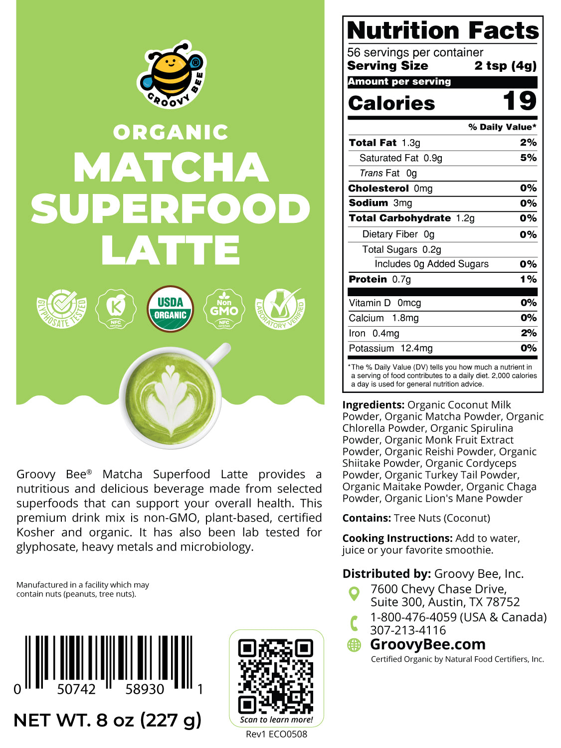 Organic Matcha Superfood Latte 8 oz (227g)