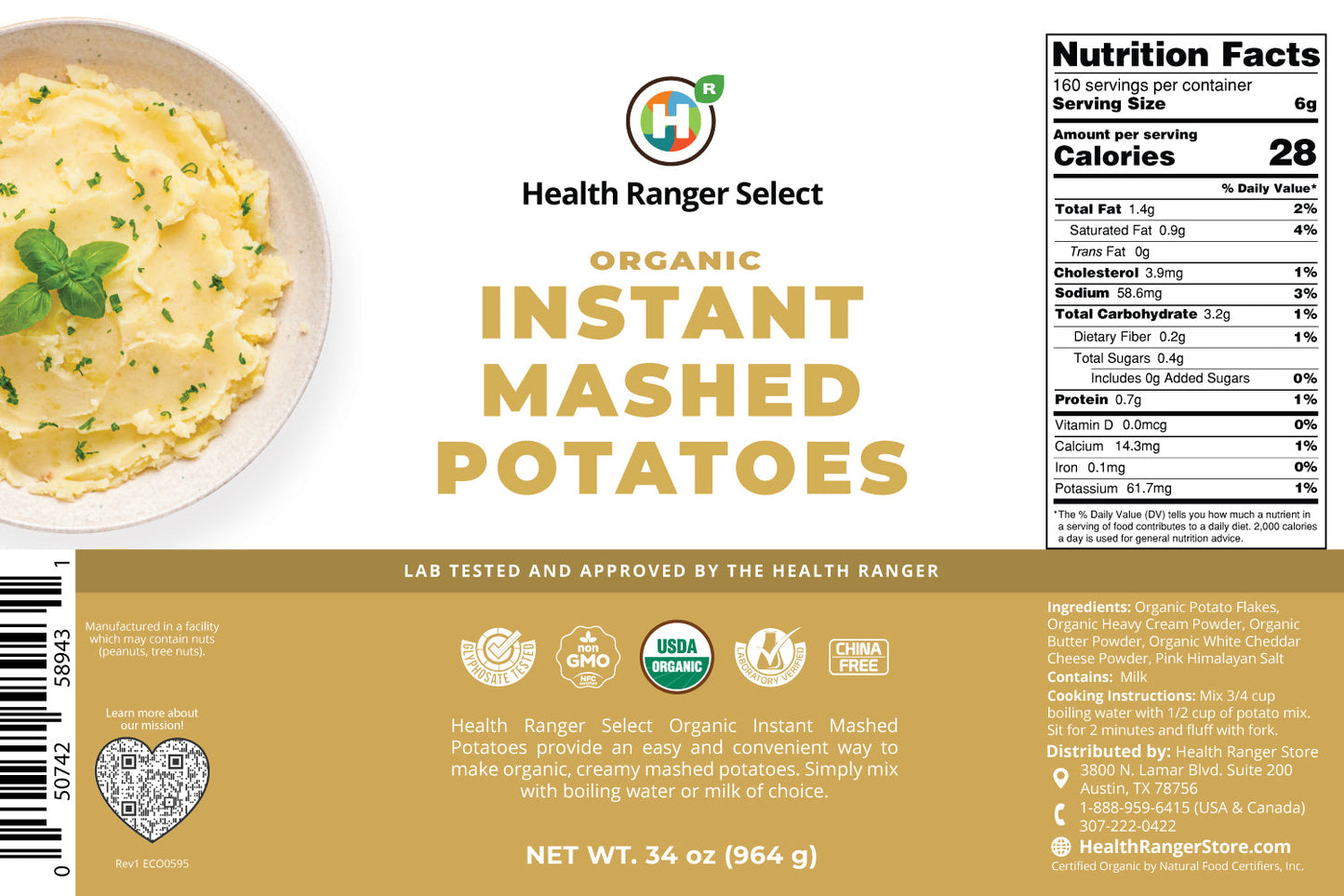 Organic Creamy, Buttery and Cheesy Mashed Potatoes 34 oz (964g) #10 Can (2-Pack)