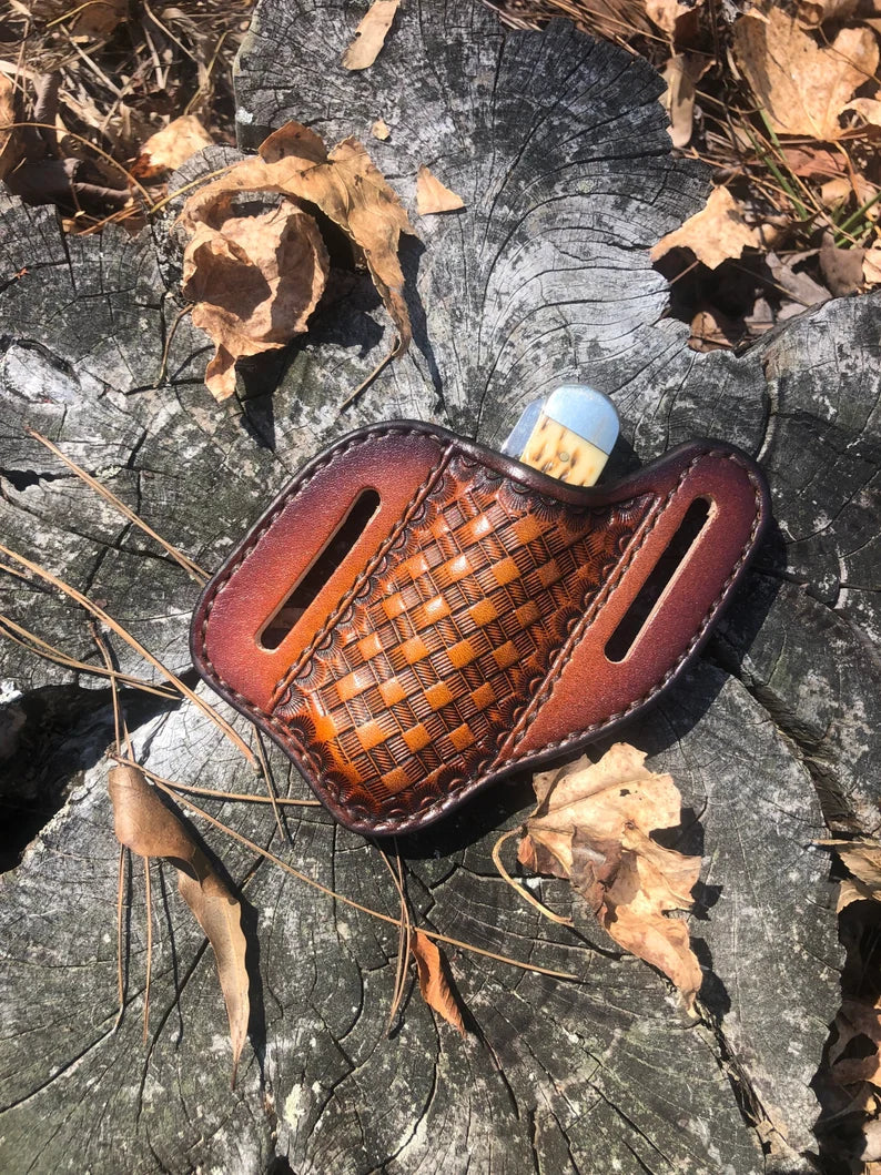 Handcrafted Leather Pancake Holster Belt Loop - Basketweave Design