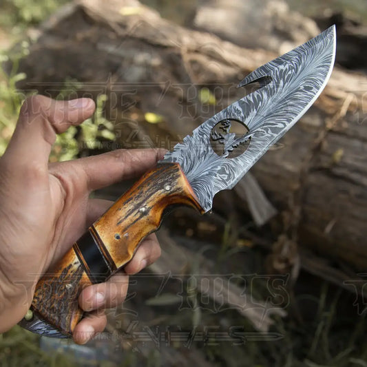 11” Custom Hand Forged Damascus Steel Full Tang Skinner Knife with Gut Hook - Stag Handle