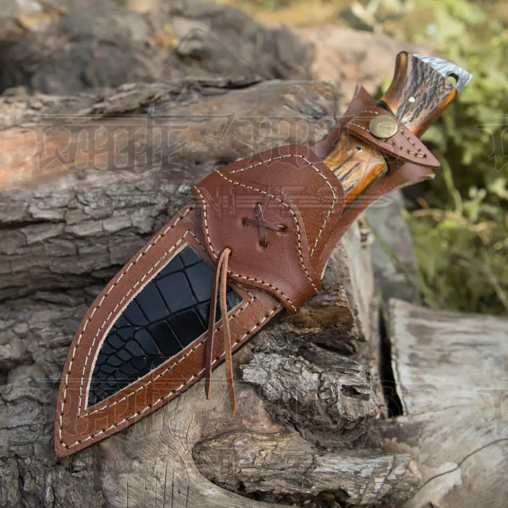 11” Custom Hand Forged Damascus Steel Full Tang Skinner Knife with Gut Hook - Stag Handle