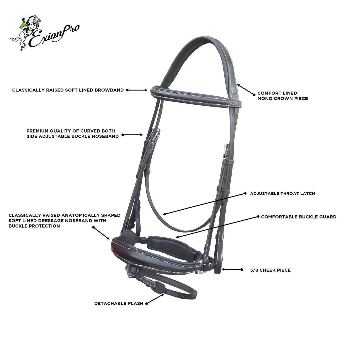 ExionPro Dressage Bridle: Mono Crown, Raised Browband, Anatomical Noseband, Detachable Flash & Web Reins