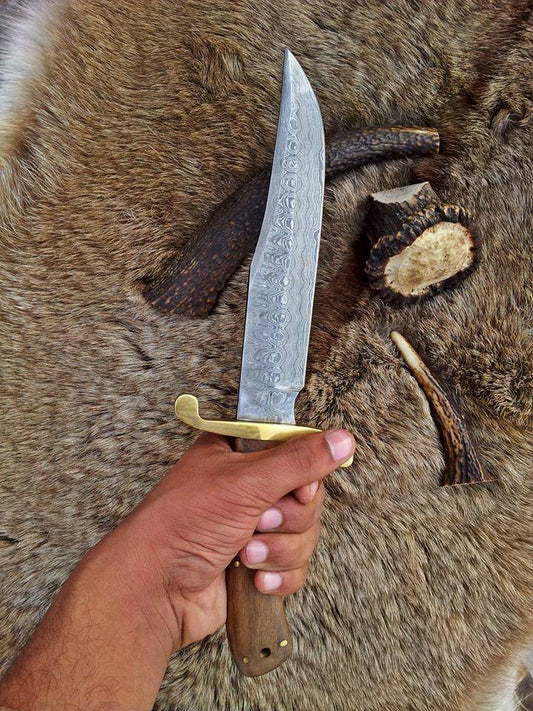 Custom Handmade Original Bowie Knife with Full Tang Damascus Steel Blade and Rosewood Handle - 13 Inches