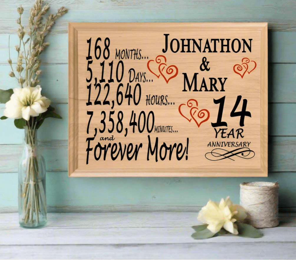 Personalized 14th Anniversary Gift – Custom Wood Keepsake for Husband, Wife, or Couple