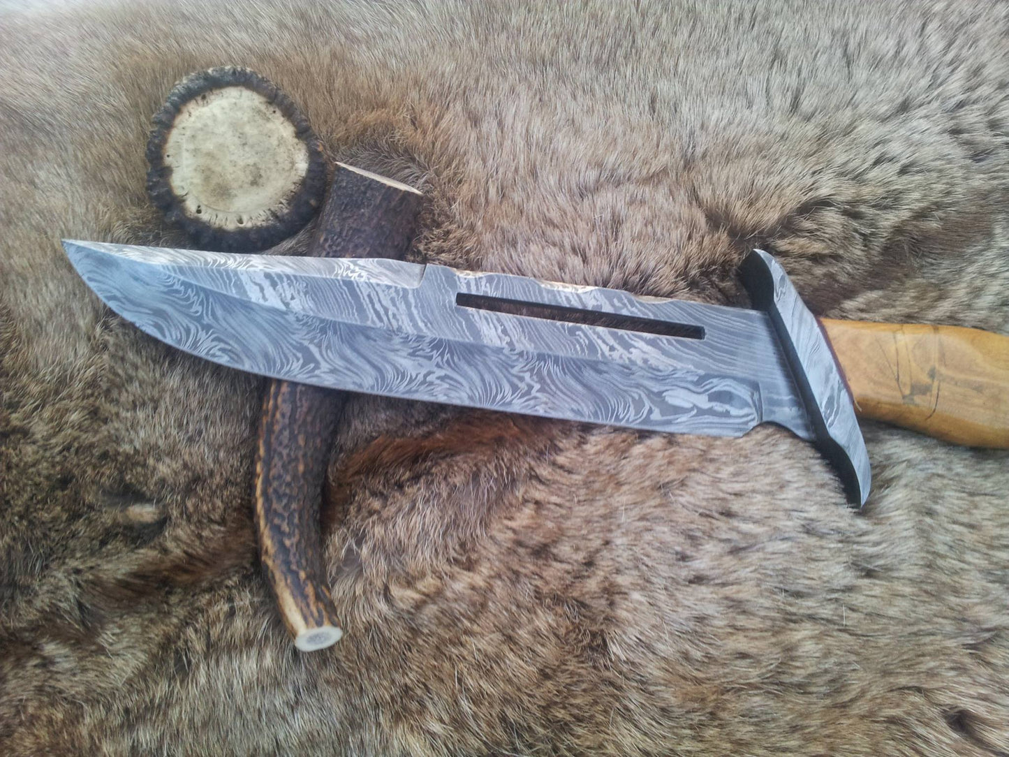 Rambo Knife for Sale - Custom Handmade Damascus Bowie with Olivewood Handle