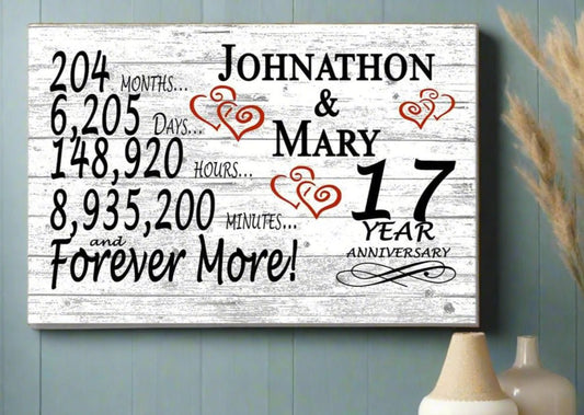 Personalized 17 Year Anniversary Gift – Custom Names | Solid Wood “Forever More” Sign