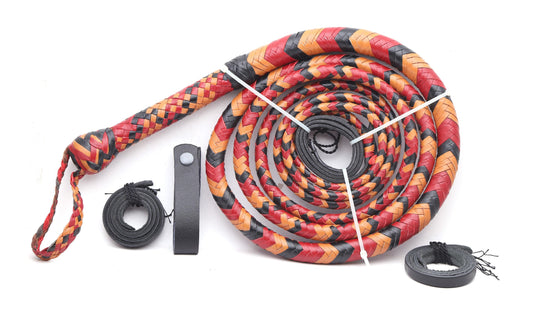 Handmade Red, Black & Orange Leather Bullwhip (4ft–16ft)