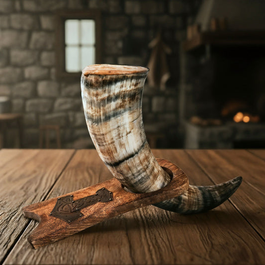 Viking Drinking Horn with Wooden Stand