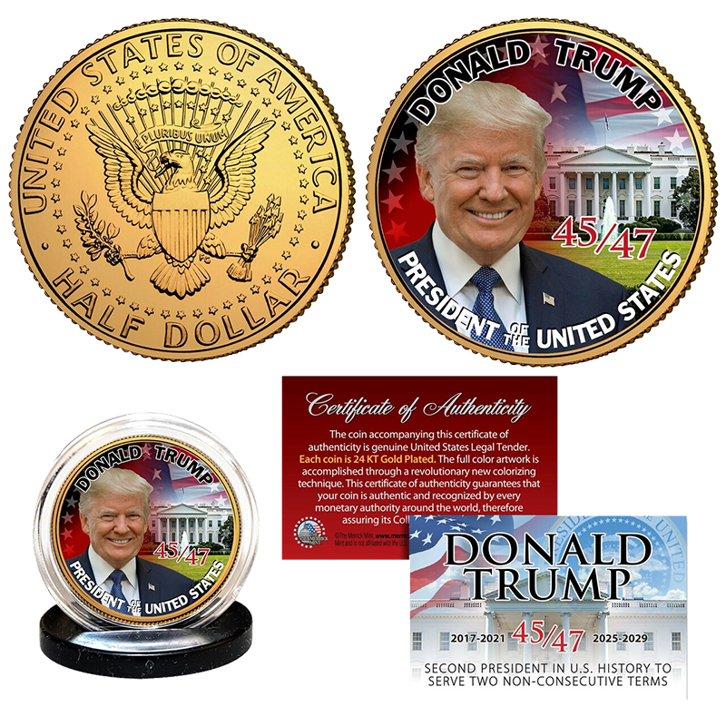 Trump 47th President - White House Fountain - Gold Plated JFK Half Dollar - 3138
