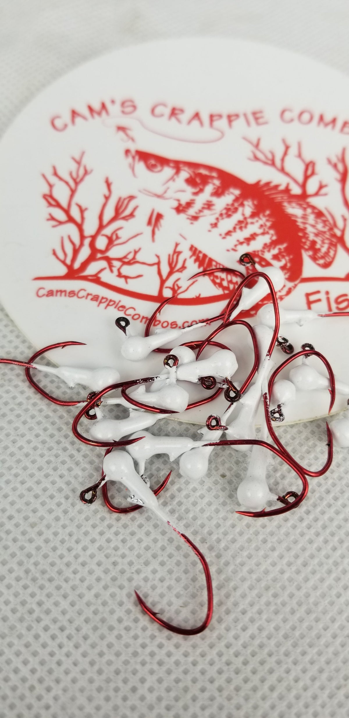 35 pk. 1/32 oz. Cam's "WHITE" Painted jigs with Collar and #2 Red Chrome "NASTY BEND HOOK"