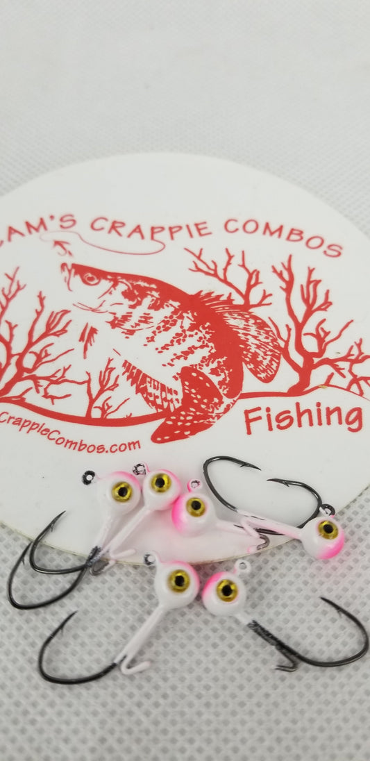 Cam's 20ct. Premium White & Pink (1/8 #2 Nasty Bend Hook) Holographic Life Like Double Paint Jig Head
