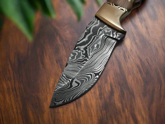 Deer Skinning Knife Custom Handmade Full Tang Damascus Steel with Olivewood Handle, 8.5-inch - The Olivecrest