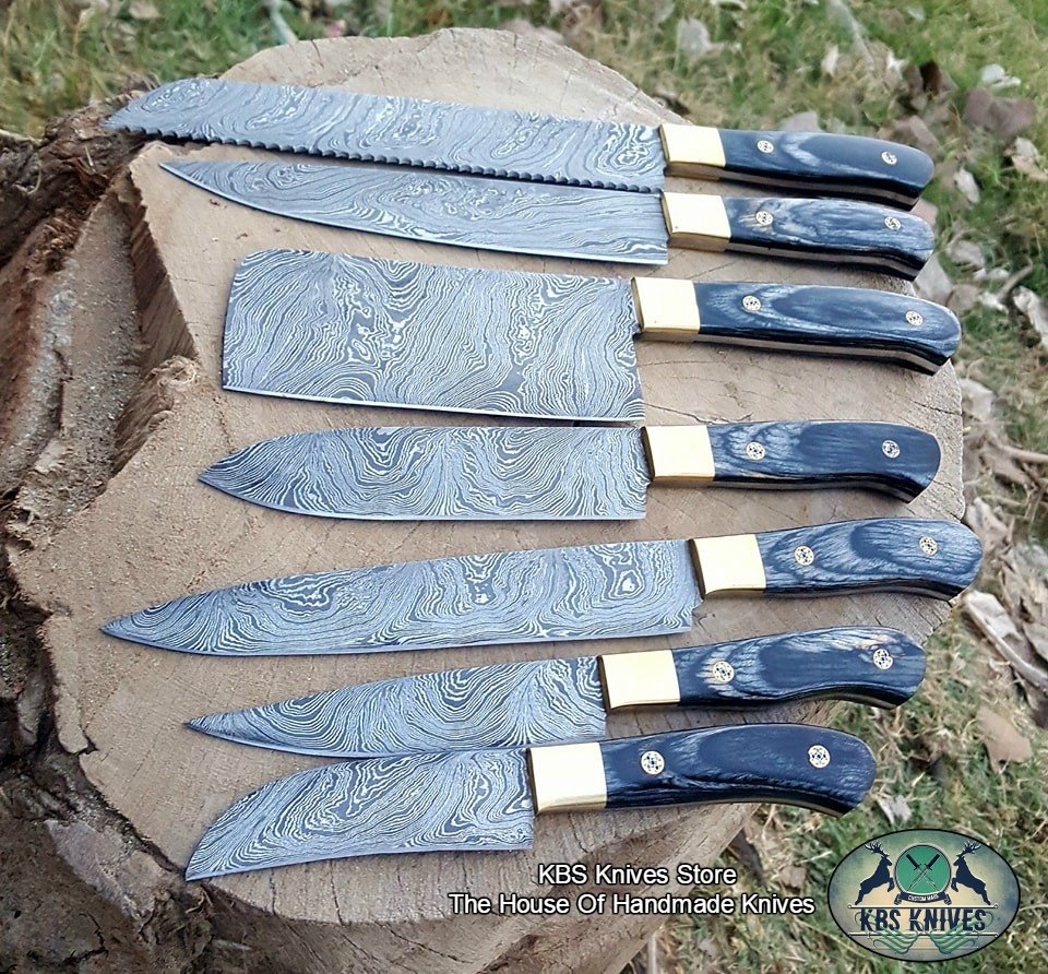 Full Tang Custom Handmade Damascus Steel Kitchen Knives Set