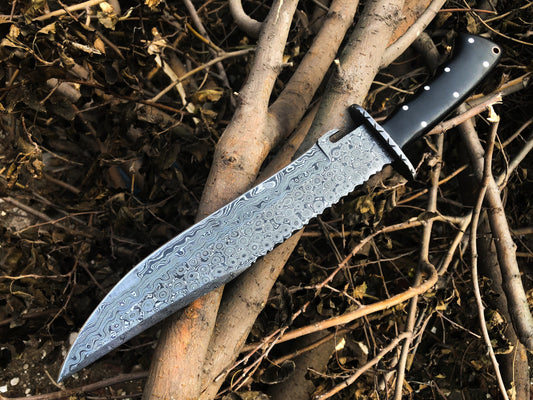 "Best Hunting Big Bowie Knife | Full Tang Raindrop Damascus Blade | Canvas Micarta & Damascus Guard Handle | 17 Inches | Leather Sheath | KBS Knives Store"