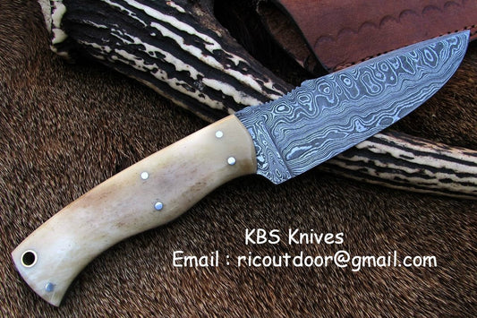 Custom Handmade Damascus Deer Hunting Knife | 10 Inches | Bone Handle | KBS Knives Store