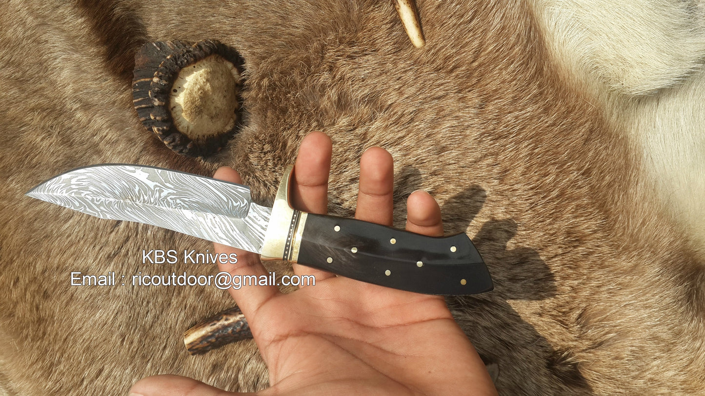 Custom Handmade 9-Inch Damascus Fixed-Blade Hunting Knife with Buffalo Horn Handle & Brass Guard | KBS Knives Store