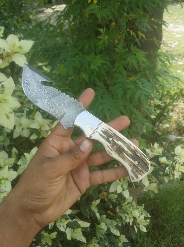 Custom Handmade Damascus Steel Elk Antler Guthook Knife
