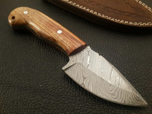 Custom Handmade Damascus Skinning Knife with Olive Wood Handle