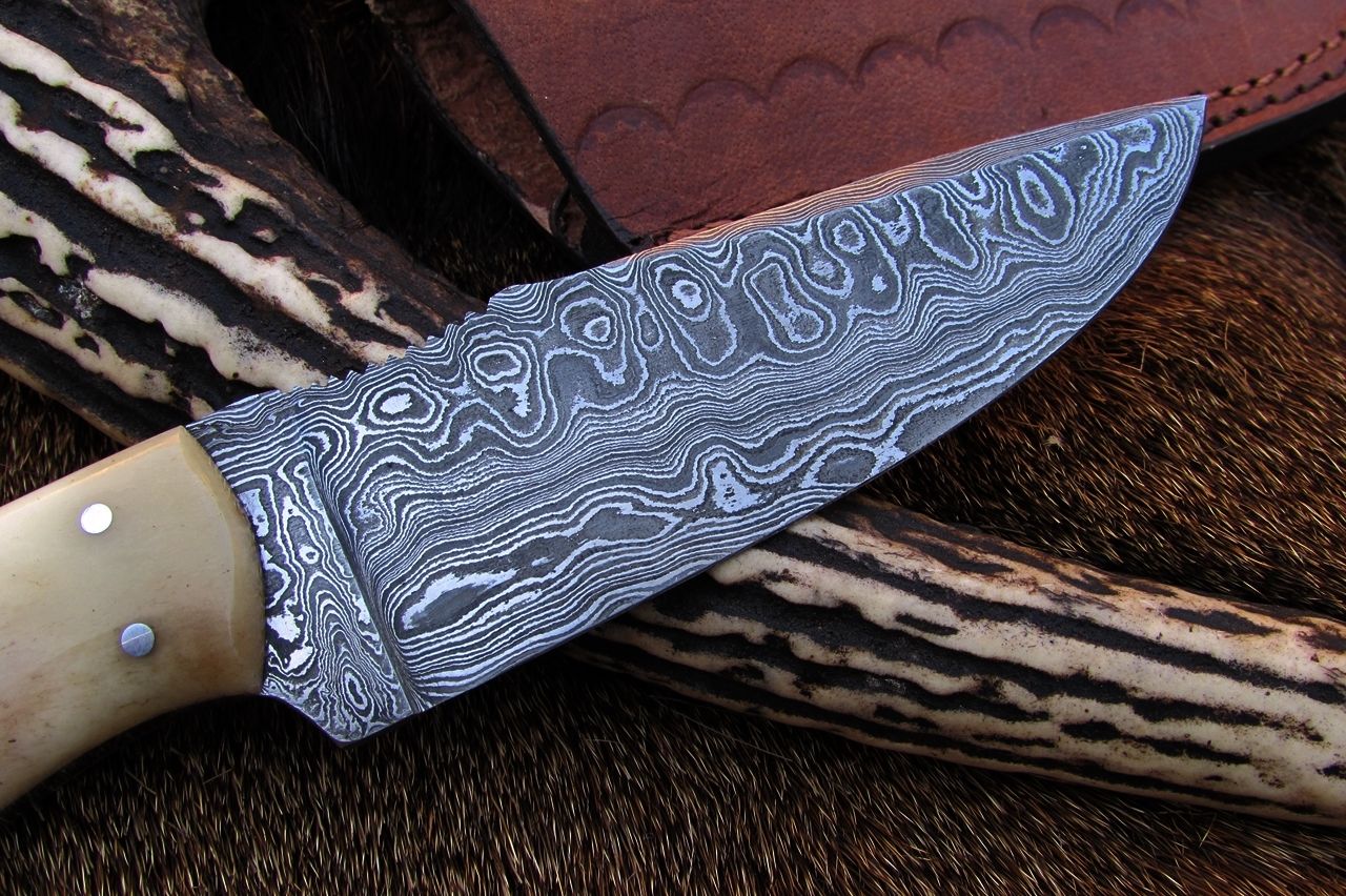 Custom Handmade Damascus Deer Hunting Knife | 10 Inches | Bone Handle | KBS Knives Store