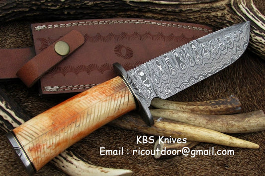 KBS Knives: Custom Handmade Damascus Hunting Knife | 12 Inches | Colored Camel Bone Handle