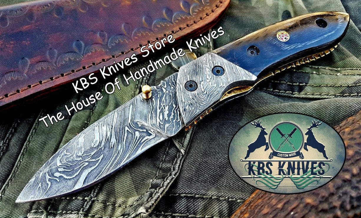 Custom Handmade Damascus Steel Folding Knife With Pocket Clip