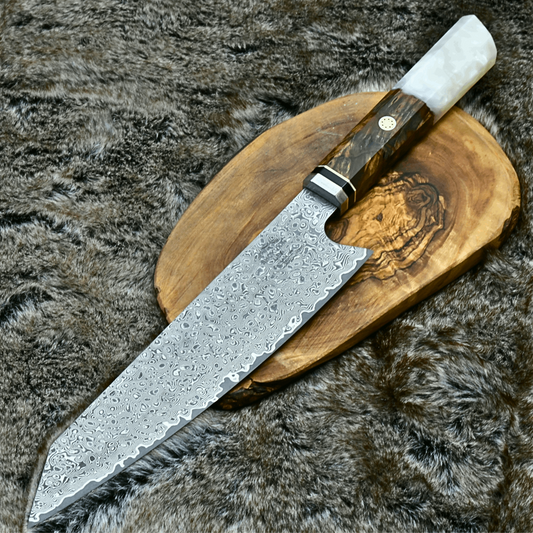 Aurora Japanese Chef Knife with Exotic Olive Burl Wood & Mother of Pearl Handle