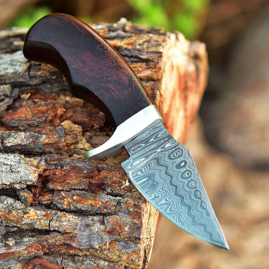 "Custom Handmade Damascus Steel EDC Skinning Knife | Rosewood Handle | 7 Inches | Leather Sheath | KBS Knives Store"