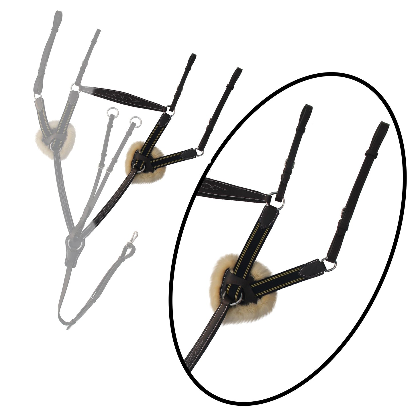 ExionPro 5 Point Breastplate with Sheepskin Padding - Navy Blue Elastic & Yellow Line