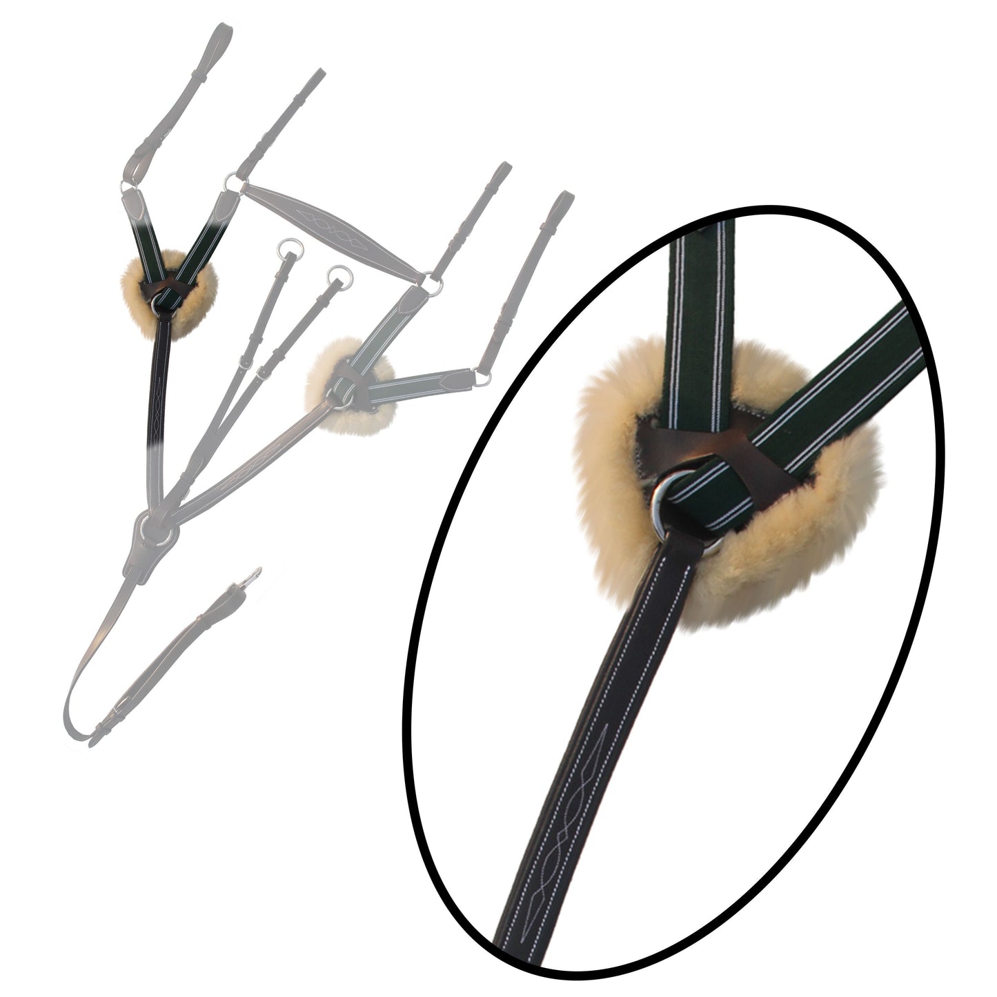 ExionPro 5 Point Breastplate with Sheepskin Padding - Green Elastic & White Lines