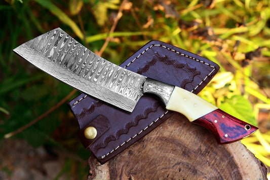 Cleaver Knife with Full Tang Damascus Steel Blade and Exotic Pakka Wood, Bone, and Damascus Bolster - 10.5 Inches