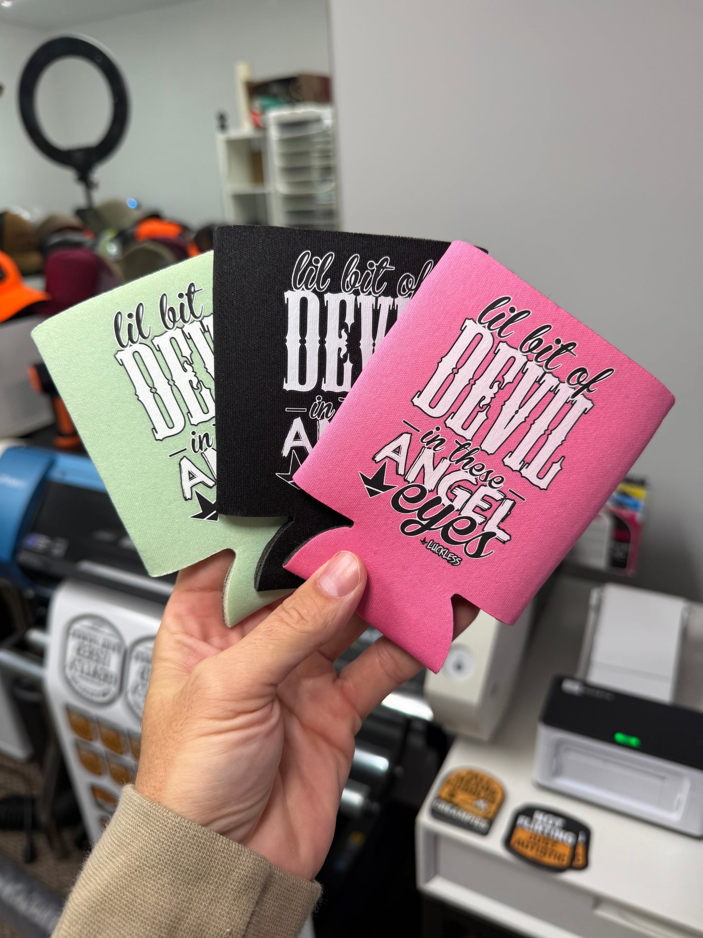 Lil Bit Of Devil in these Angel Eyes Koozie