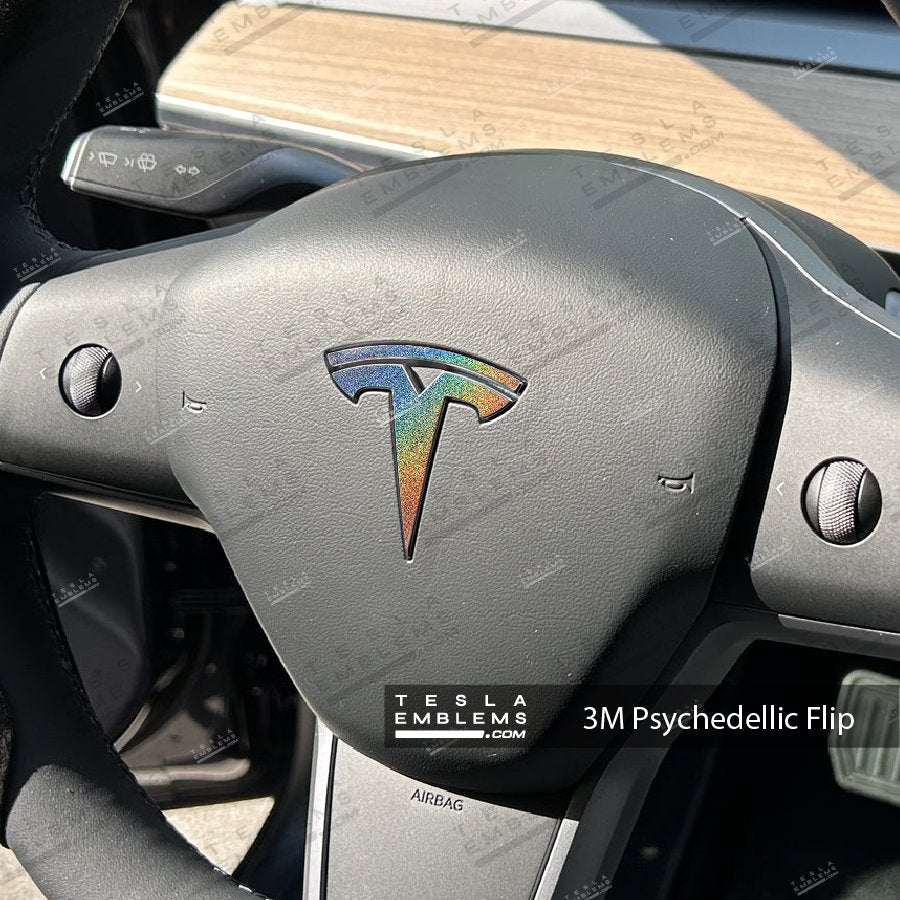 3M Satin Psychedelic Flip Tesla Steering Wheel Emblem Decal | Model S