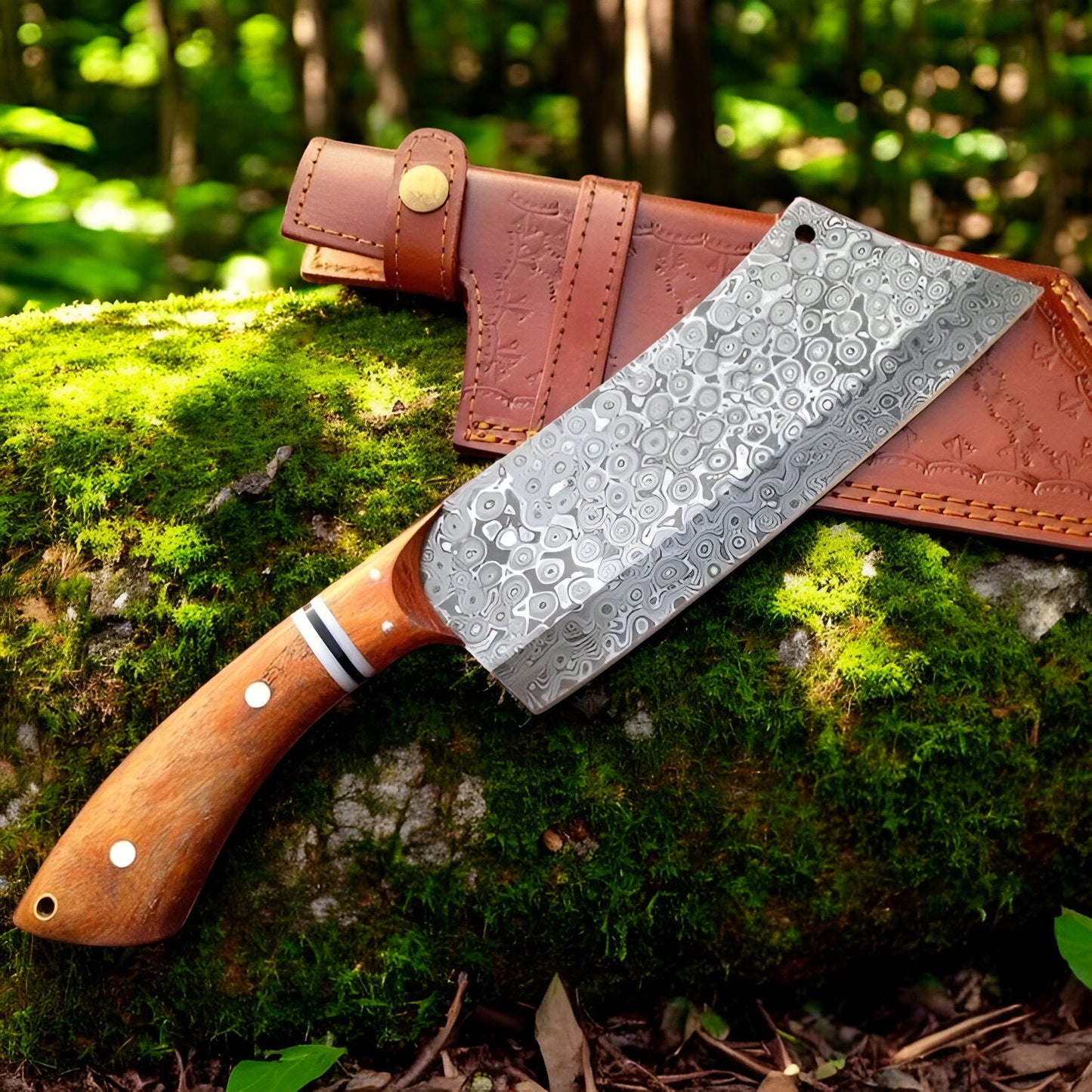Damascus Cleaver Knife - 7" Raindrop Blade & Olive Wood