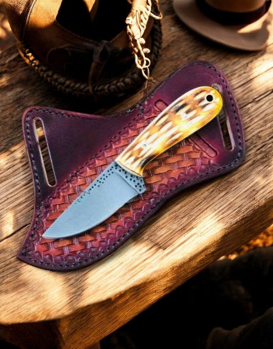 Handmade Western Belt Knife – D2 Steel Blade with Bone Handle & Leather Sheath