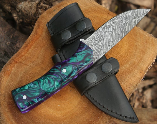 Custom Handmade Damascus Steel Hunting Knife with Epoxy Resin Handle and Leather Sheath - 8.5 Inches by KBS Knives Store