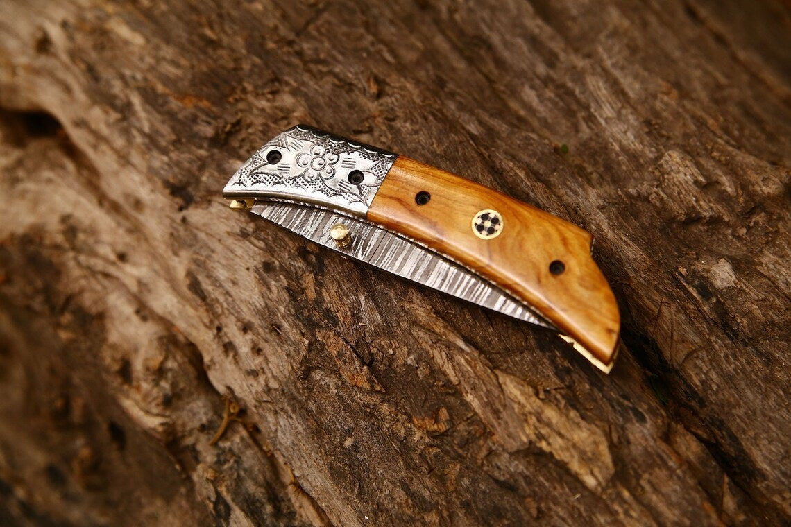 Hand Engraved Custom Damascus Steel EDC Folding Pocket Knife | 3-Inch Blade, Olive Wood Handle, Leather Case | Gift Idea