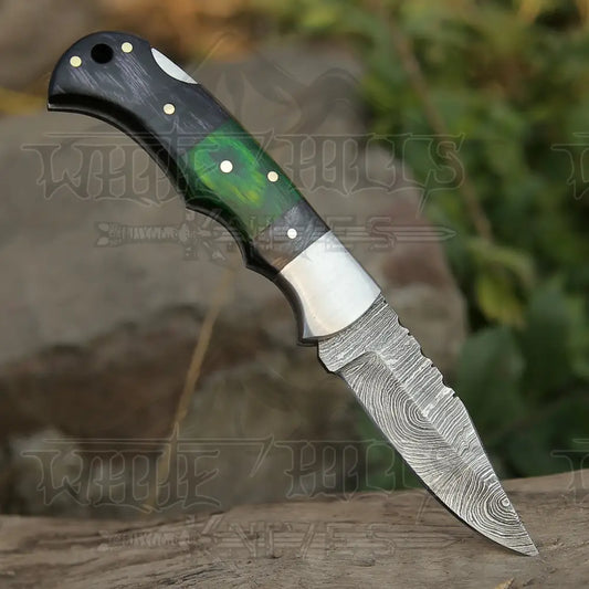 6.5" Handmade Damascus Pocket Knife - Folding Pocket Knife - Color Wood Handle WH 5034